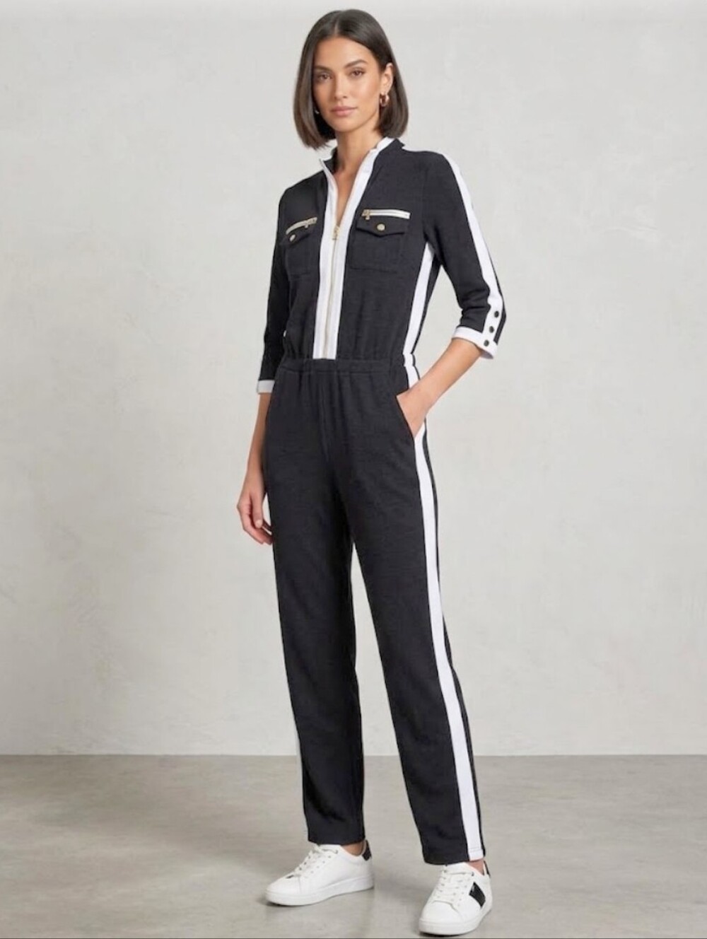 Boston Proper Black and White French Terry 3/4 Zip Contrast Piping Jumpsuit